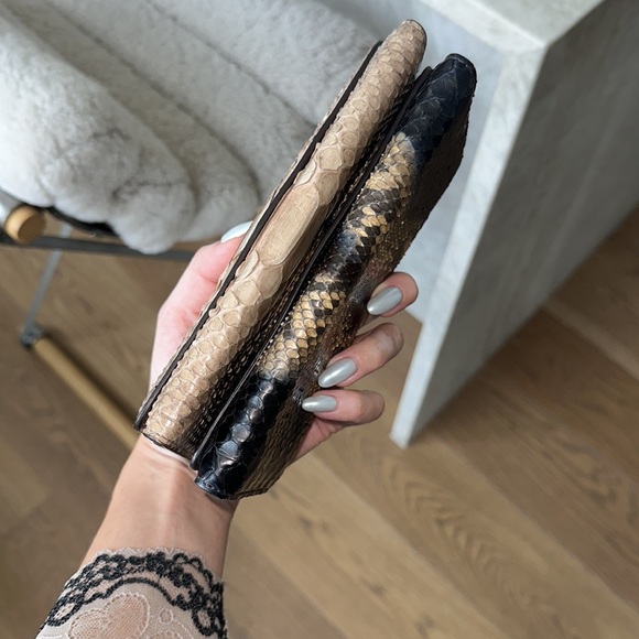 Malini Murjani Python Leather Black Beige Foldover Continental Wallet - Picture 12 of 17